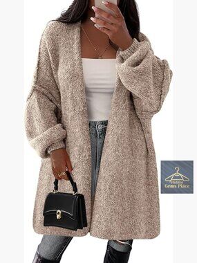 Oversized Long Cardigan Sweater, Drop Shoulder, Mid-Thigh Length, V-Neck